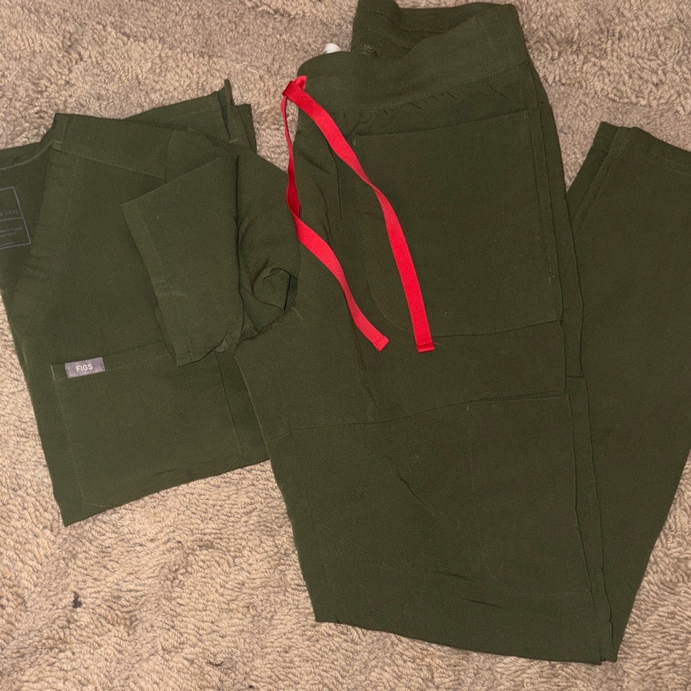 Figs scrub set Olive Green with Red Accents